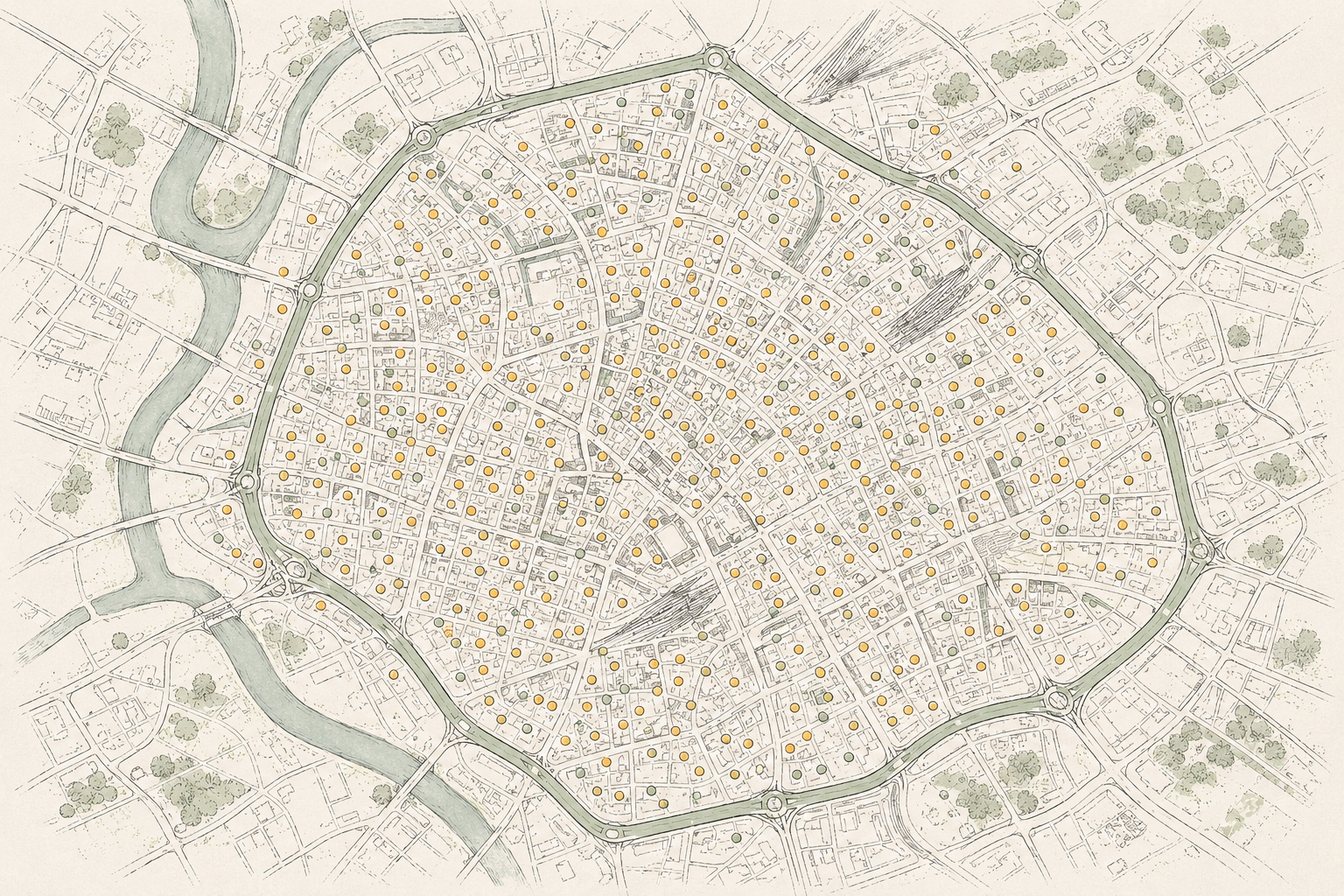 Illustrated map of Manchester city centre pubs within the Inner Ring Road