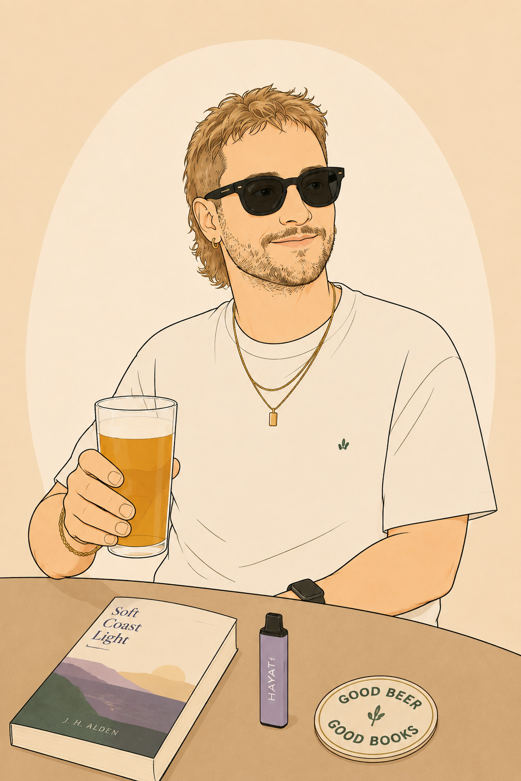 Illustration of Dick sitting at a table with a pint, book and vape